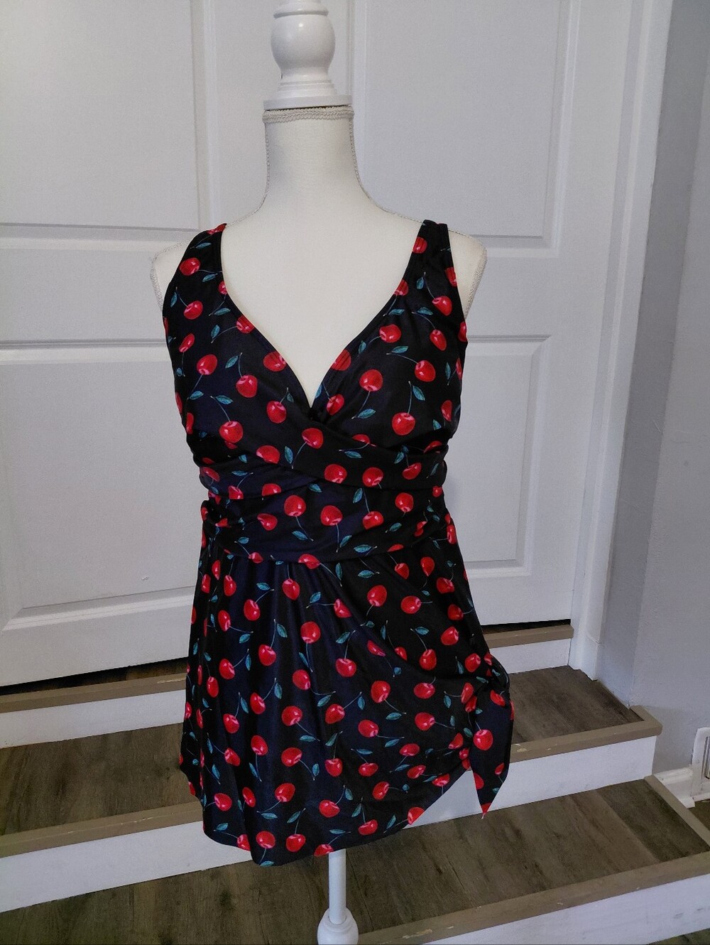 DACI One Piece Cherry Print Bathing Suit With Skirt & Tie On Side  Size 18W NWT